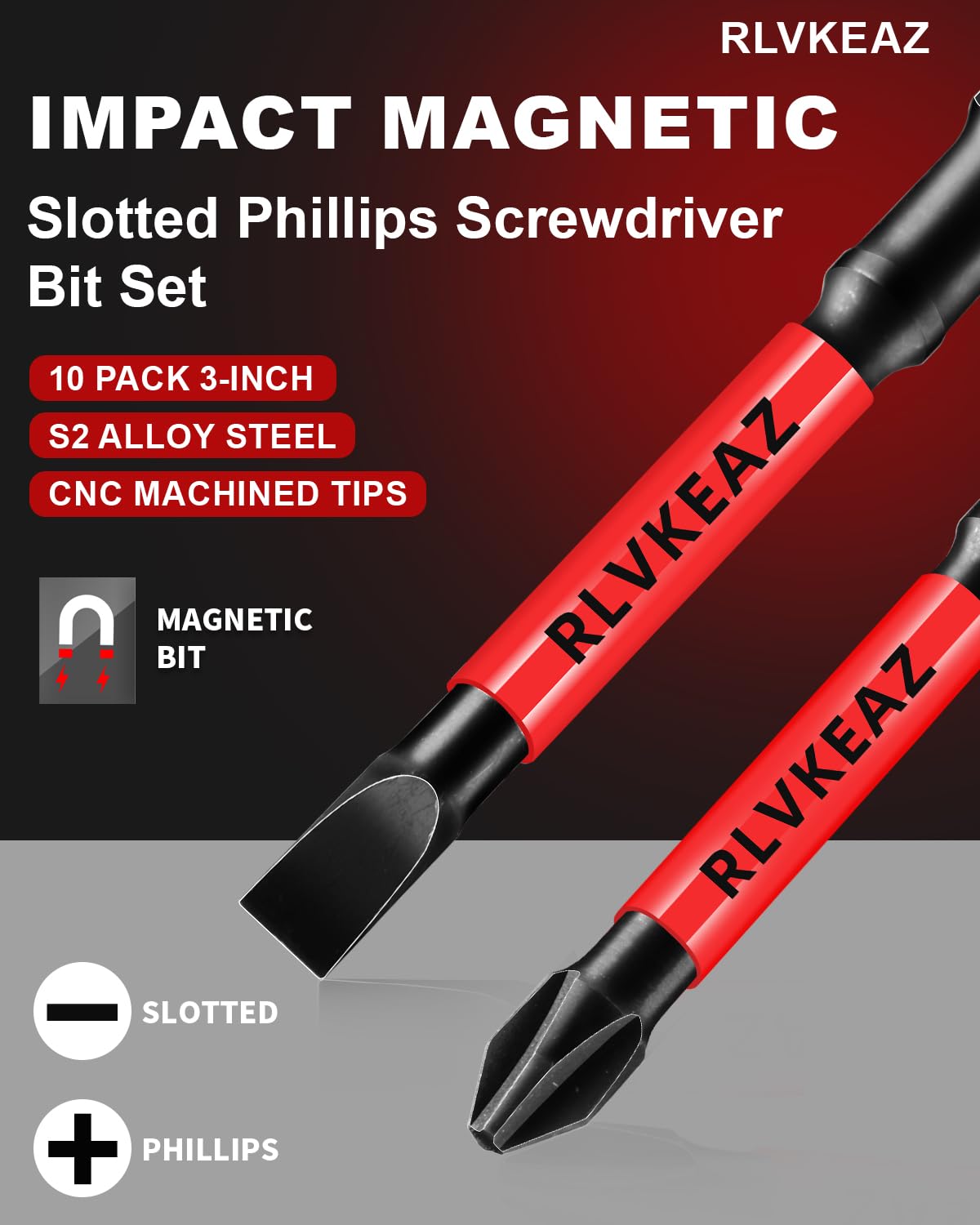 RLVKEAZ 3-Inch Long Magnetic Screwdriver Bit Set. Phillips Slotted. 10-Pack | #1 #2 #3 Phillips Head Drill Bits. S2 Alloy Steel. CNC Tips. 1/4-Inch Hex Shank for Impact Driver and Power Drill - Amazon.com