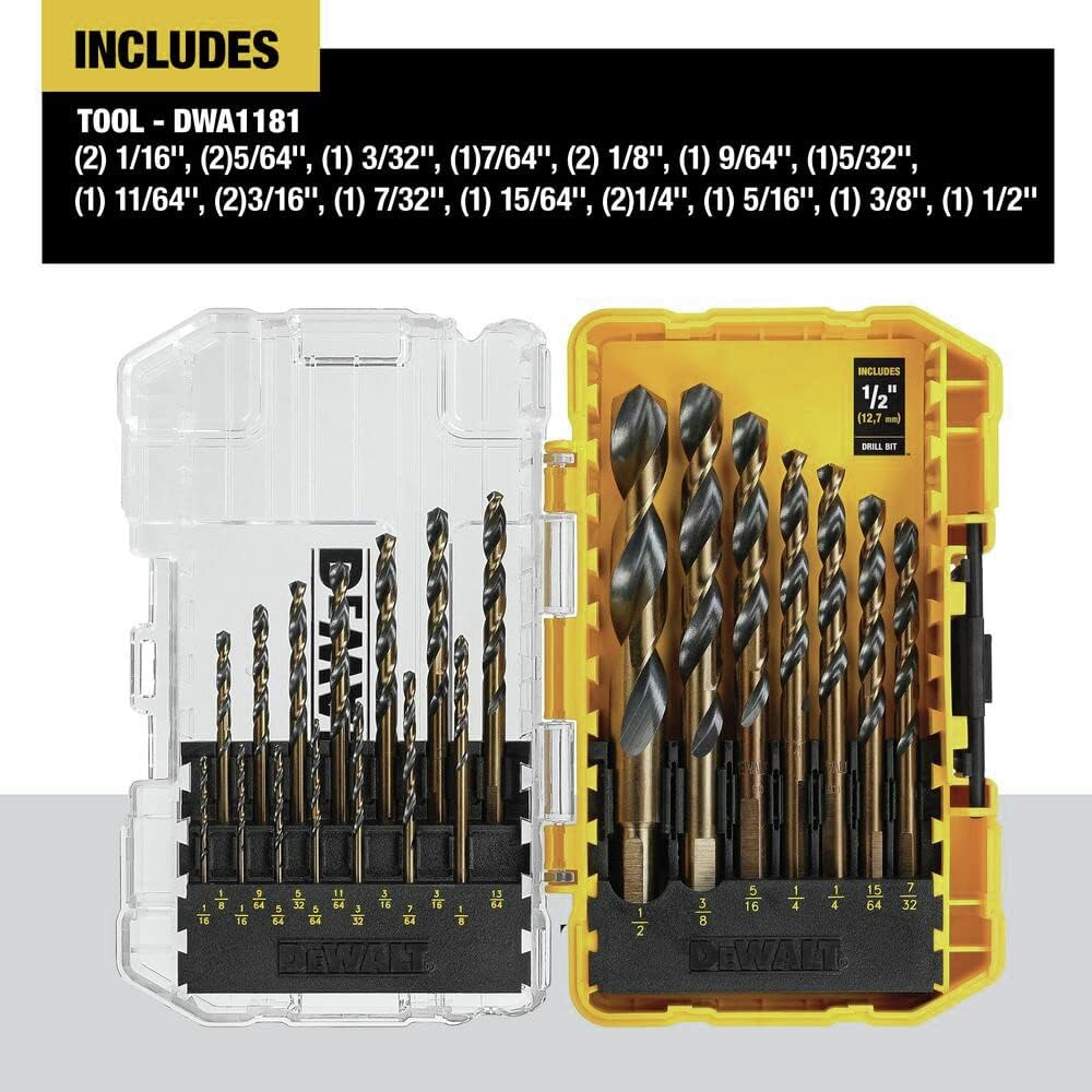 DEWALT Drill Bit Set. 21 Pc High Speed Steel DEWALT Bits. Black and Gold Oxide Coated. 135 Degree Split Point. 31 Degree Helix (DWA1181) - Amazon.com