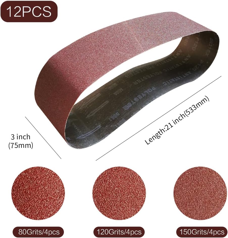 3x21 3 x 21 Inch Sanding Belt Pack 3-Inch x 21-Inch.12 Pcs(4 Each of 80 120 150 Grits) Aluminum Oxide for Sander - Amazon.com