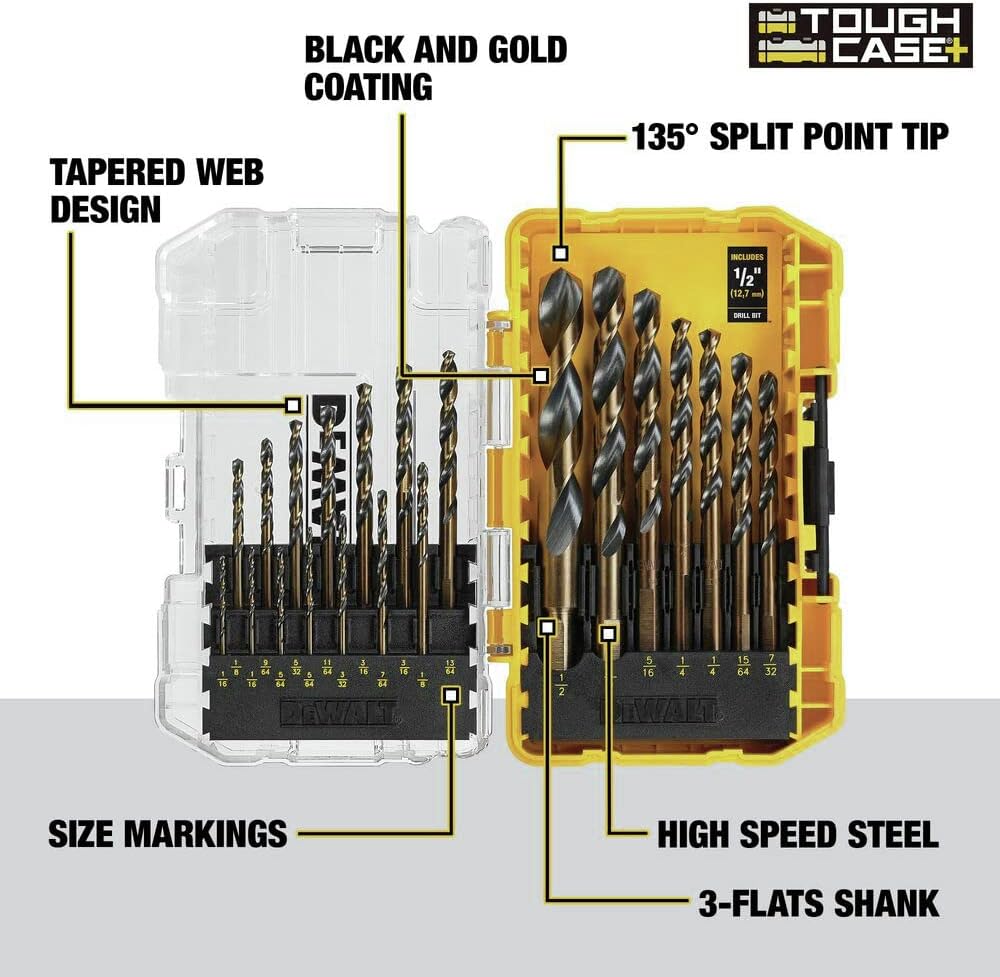 DEWALT Drill Bit Set. 21 Pc High Speed Steel DEWALT Bits. Black and Gold Oxide Coated. 135 Degree Split Point. 31 Degree Helix (DWA1181) - Amazon.com