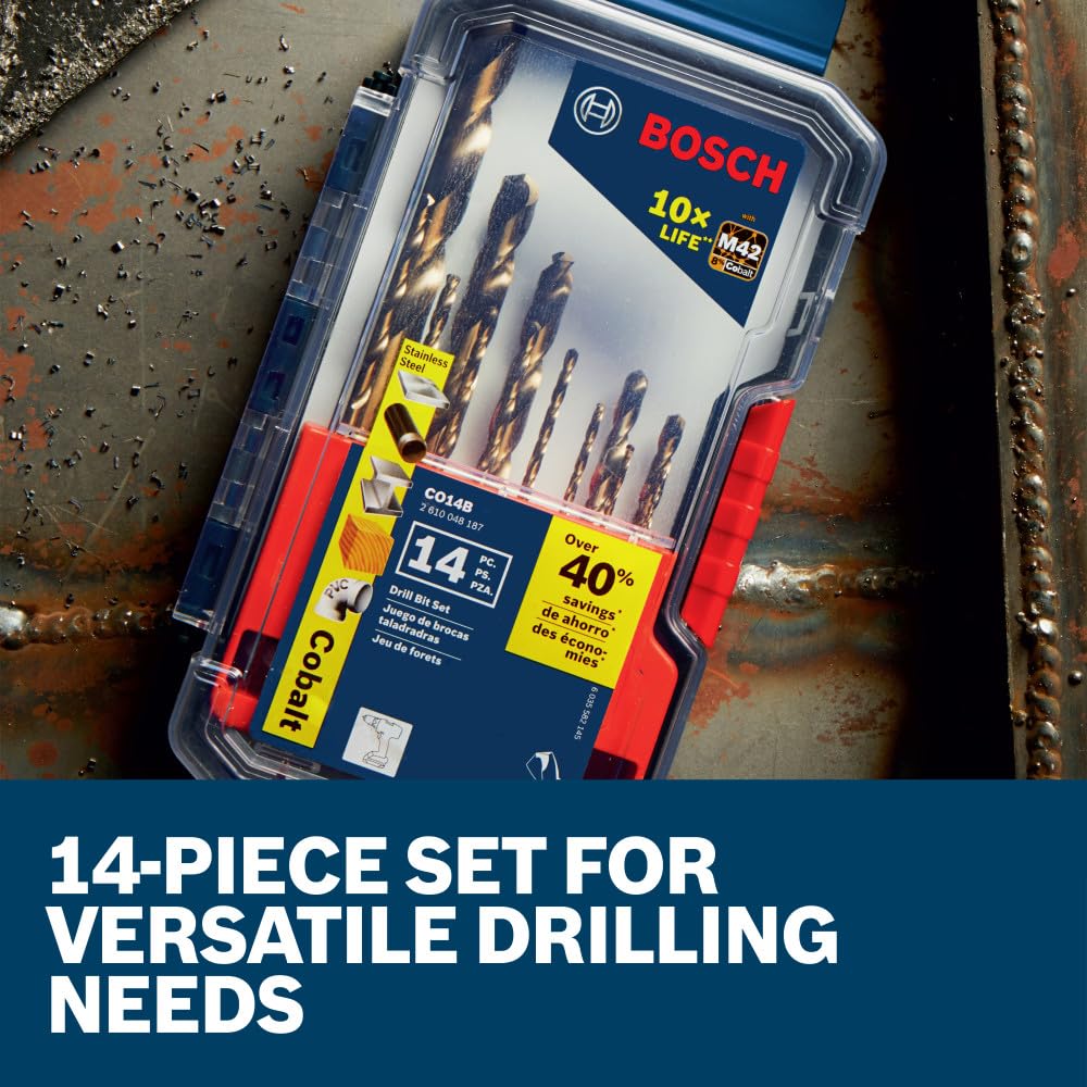 BOSCH CO14B 14-Piece Cobalt Drill Bit Set with Case | Metal drilling. drill bits set to drill holes in metal. M42. three-flat shank. drill bits for stainless steel - Amazon.com