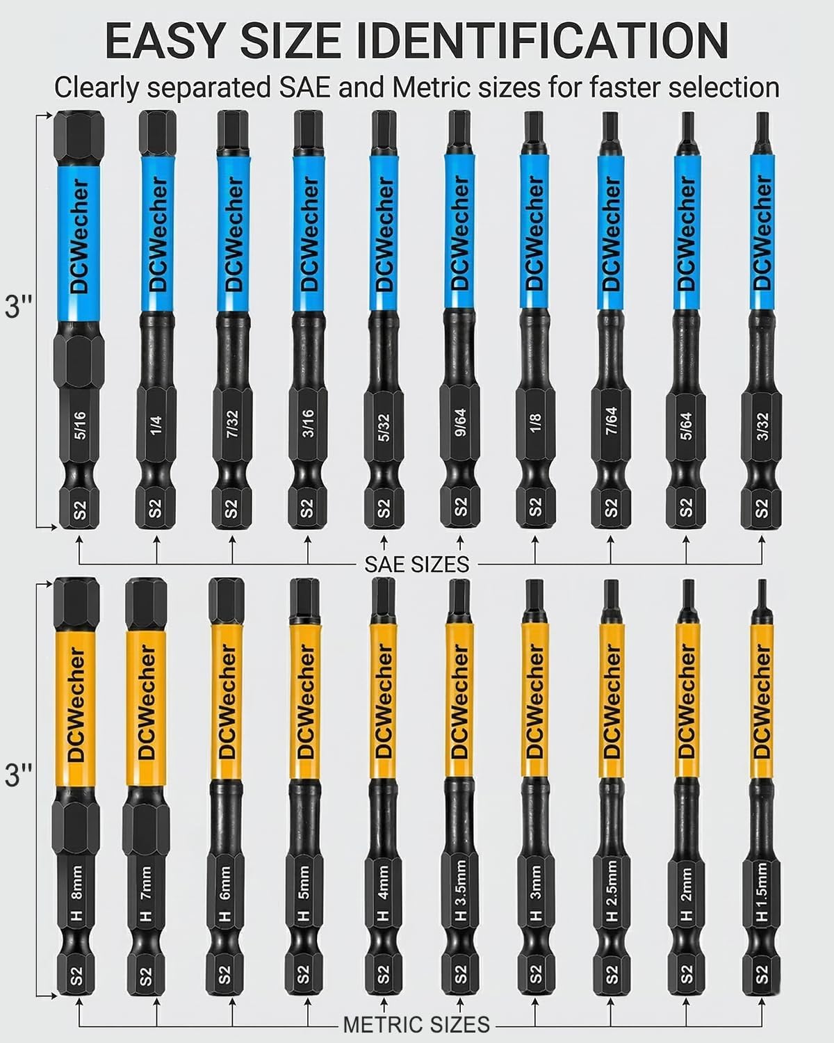 DCWecher 3-Inch Impact Hex Bit Set. 20PCS Long Allen Wrench Drill Bit Set | Magnetic Allen Key Drill Bit Set. S2 Steel. Metric & SAE Hex Bits. 1/4'' Hex Shank for Automotive Repair & Furniture Assembly - Amazon.com