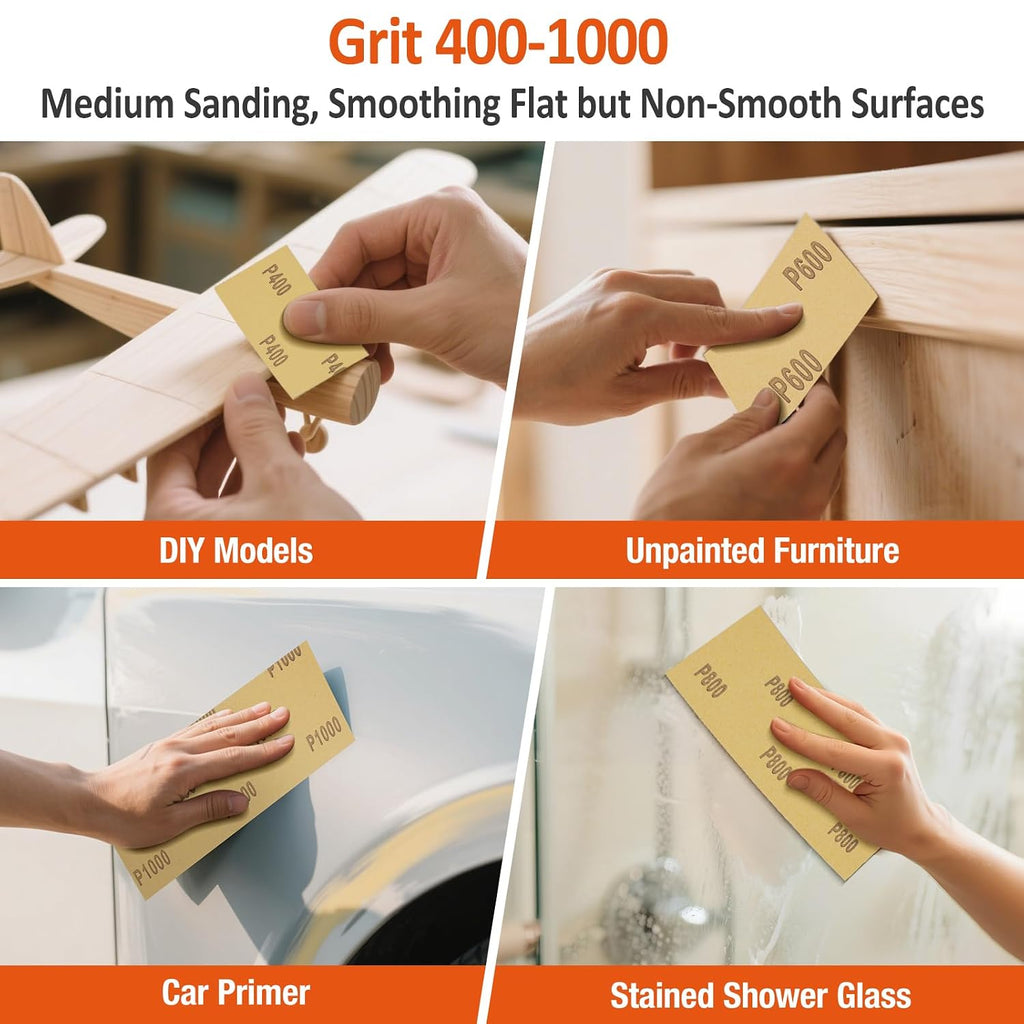Hyietta Sand Paper Assortment. 52 Sheets Assorted Grits 120/150/180/240/320/400/600/800/1000/1500/2000/2500/3000. 4 Sheets Each. 9 x 3.6 Inches. Dry & Wet Sanding. Abrasive Sanding Sheets - Amazon.com