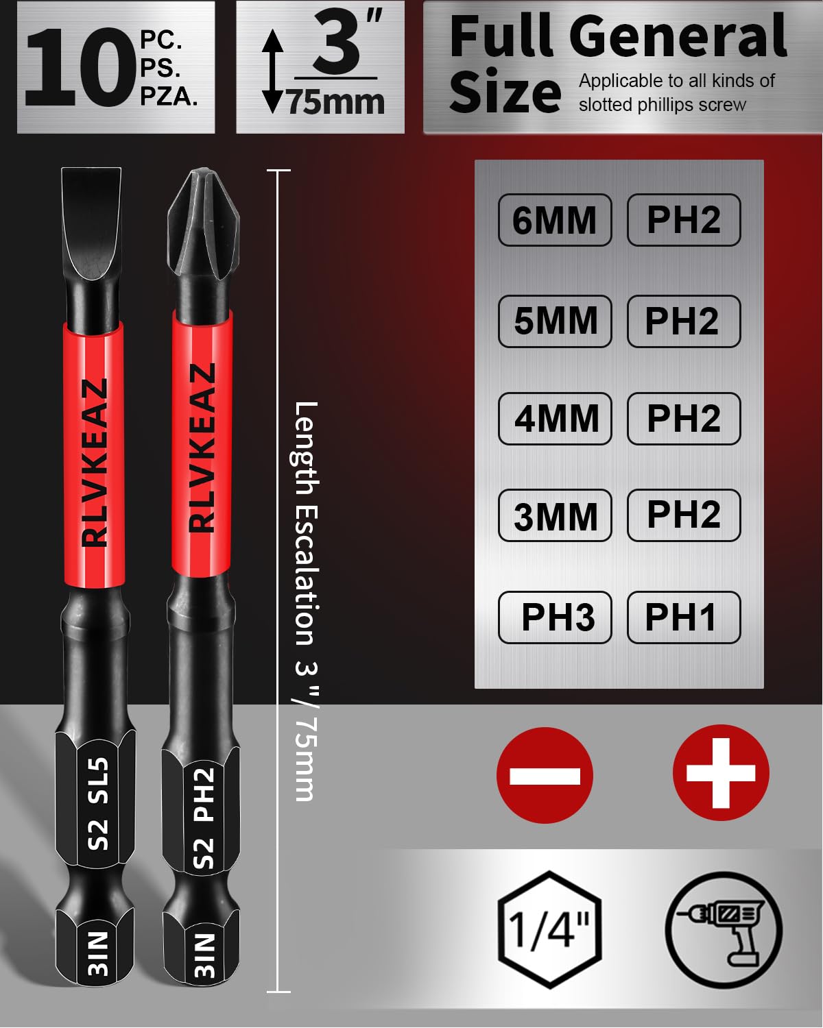 RLVKEAZ 3-Inch Long Magnetic Screwdriver Bit Set. Phillips Slotted. 10-Pack | #1 #2 #3 Phillips Head Drill Bits. S2 Alloy Steel. CNC Tips. 1/4-Inch Hex Shank for Impact Driver and Power Drill - Amazon.com