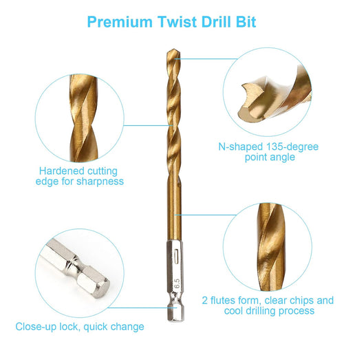 19 Pcs HSS Titanium Twist Drill Bit Set - 1/16-1/4 Hex Shank Quick Change | 135 Degrees Split Point. Fully Ground Edges. Anti Runout. Fits Impact Drivers. Drills Metal Steel Wood. Plastics. Small Bits - Amazon.com