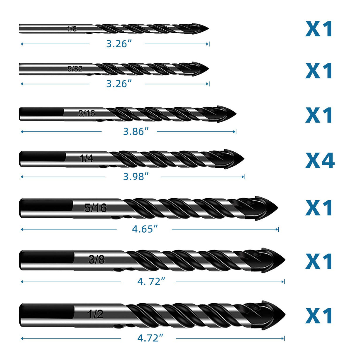 10-Piece Masonry Drill Bit Set for Concrete Tile Glass Ceramic Brick.1/8 to 1/2 Inch Drilling Bits with Triangle Handle.Tungsten Steel Alloy Tip.(Black)