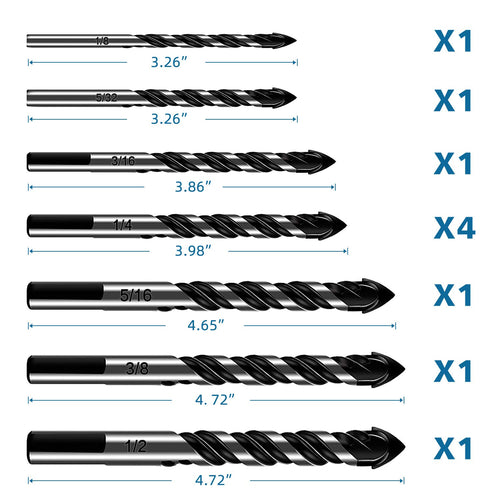10-Piece Masonry Drill Bit Set for Concrete Tile Glass Ceramic Brick.1/8 to 1/2 Inch Drilling Bits with Triangle Handle.Tungsten Steel Alloy Tip.(Black)