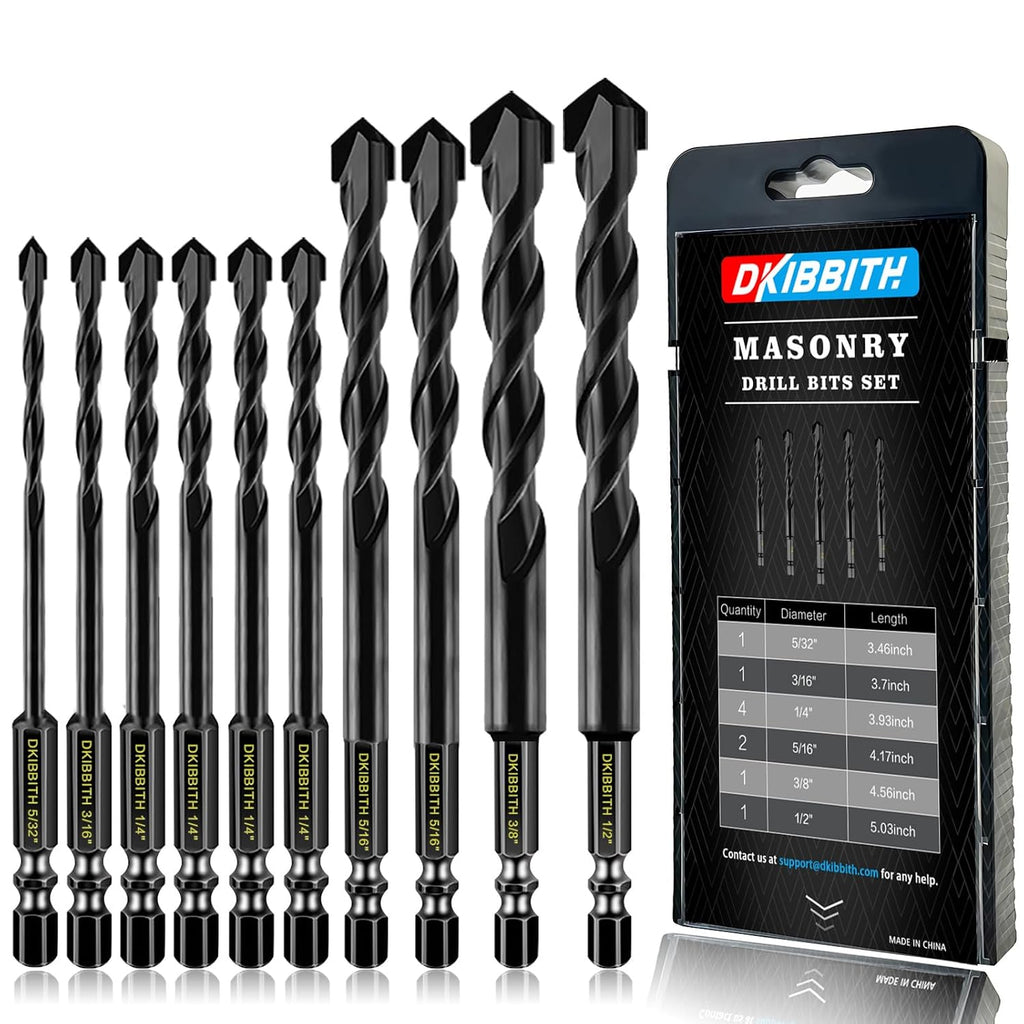 10-Piece Masonry Drill Bit Set for Concrete Tile Glass Ceramic Brick.1/8 to 1/2 Inch Drilling Bits with Triangle Handle.Tungsten Steel Alloy Tip.(Black)