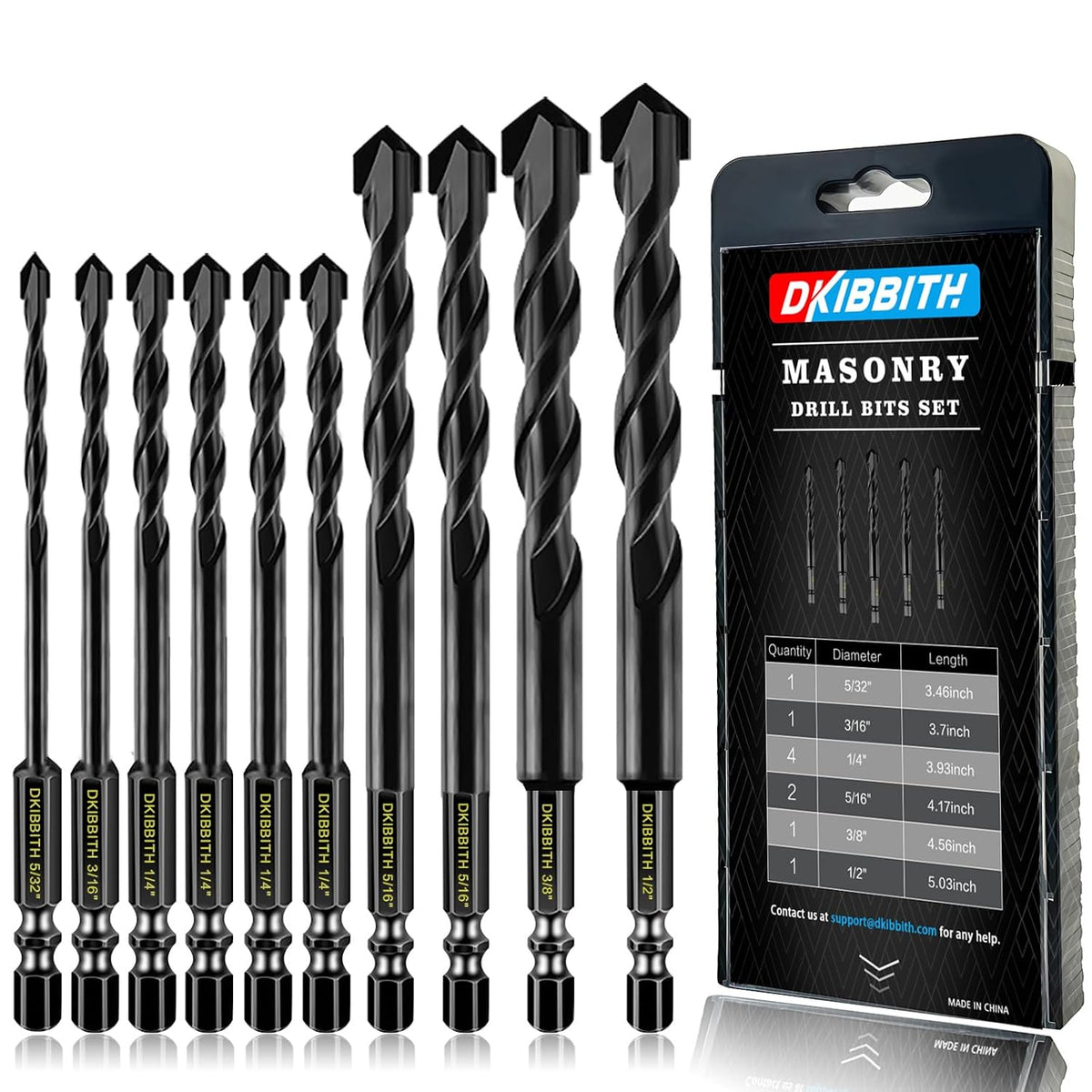 10-Piece Masonry Drill Bit Set for Concrete Tile Glass Ceramic Brick.1/8 to 1/2 Inch Drilling Bits with Triangle Handle.Tungsten Steel Alloy Tip.(Black)