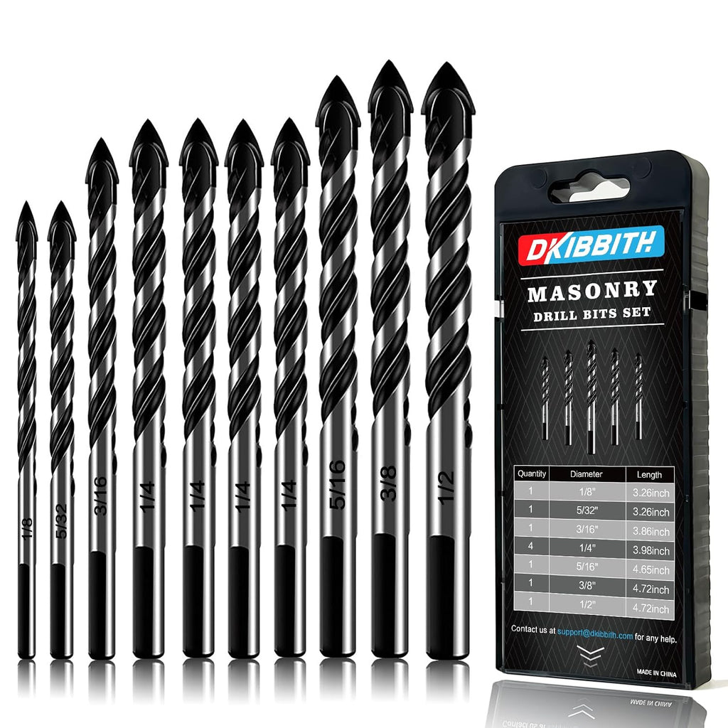 10-Piece Masonry Drill Bit Set for Concrete Tile Glass Ceramic Brick.1/8 to 1/2 Inch Drilling Bits with Triangle Handle.Tungsten Steel Alloy Tip.(Black)