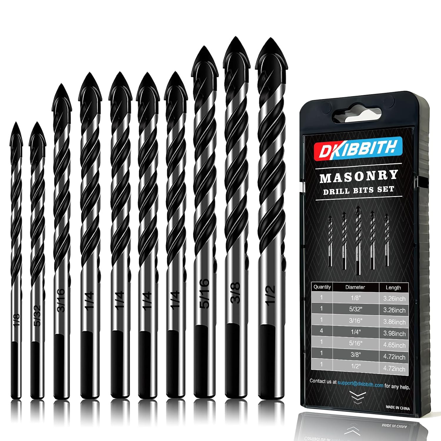 10-Piece Masonry Drill Bit Set for Concrete Tile Glass Ceramic Brick.1/8 to 1/2 Inch Drilling Bits with Triangle Handle.Tungsten Steel Alloy Tip.(Black)