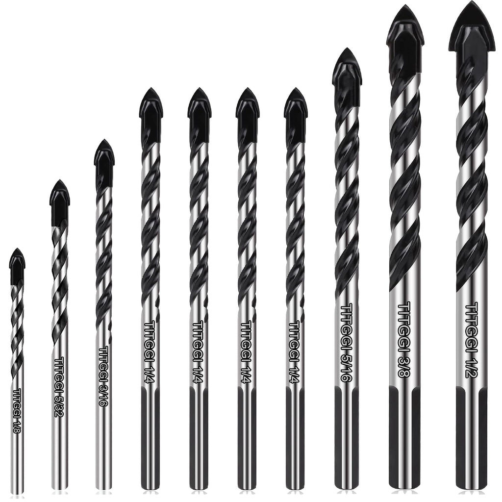 10-Piece Masonry Drill Bit Set & Concrete Drill Bit Set. 7 Sizes. 1/8-1/2 | Carbide Drill Bits for Tile. Ceramic. Glass. Cement & Brick. Bath & Kitchen. Dual U-Groove. 3-Flat Shank. Standard Drill Fit