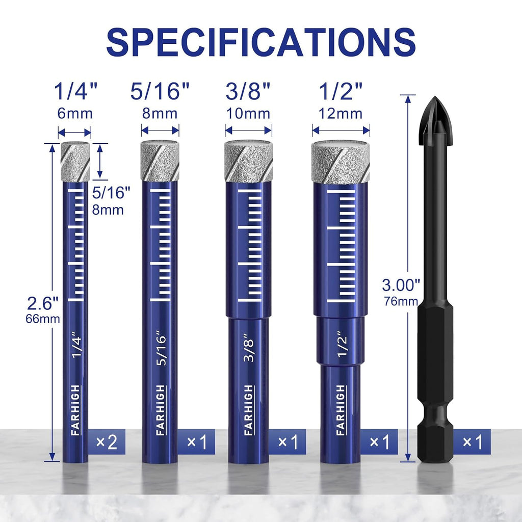 6 Pcs Diamond Drill Bit Set.1/4.5/16.3/8.1/2. Ceramic. Tile Drill Bits | For Ceramic.Pots.Planter.Porcelain.Tile.Glass.Granite.Masonry.Stone. with 1/4 Carbide-Tipped Bit.Vacuum Brazing Technology - Amazon.com
