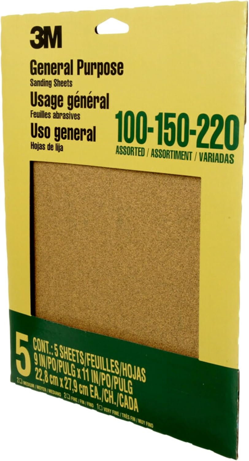 3M Aluminum Oxide Sandpaper. 5 Sheets. Assorted Grit 100-150-220. 9-in x 11-in. Multi-Purpose Abrasive Sanding Paper for On Paint. Wood and Metal (9005NA) - Abrasive Sheets - Amazon.com