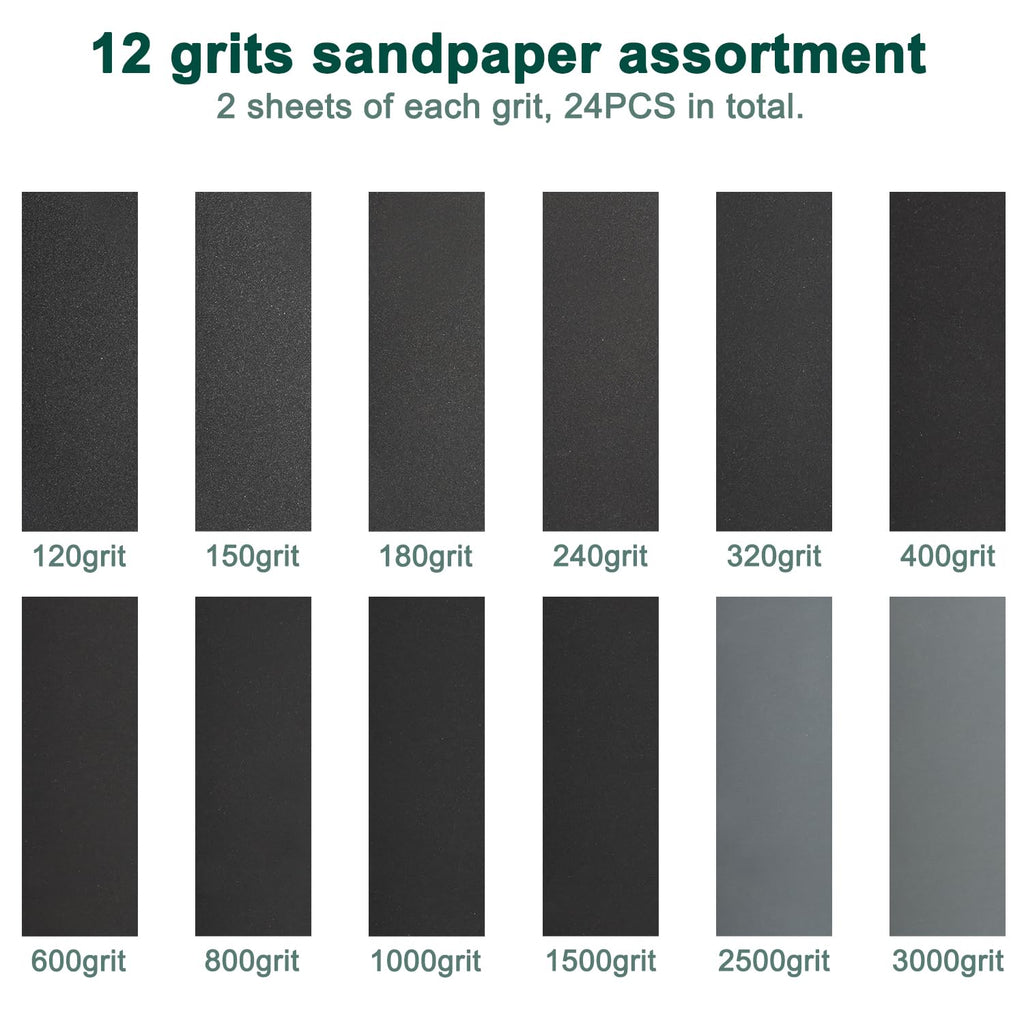 24PCS Sandpaper Assortment 12 Grits Wet Dry Sandpaper Sheets.Silicon Carbide Sanding Paper 120 to 3000 Grit Fine Sandpapers and Coarse Sand Paper for Metal. Wood Furniture and Automotive (9x3.6 Inch) - Amazon.com