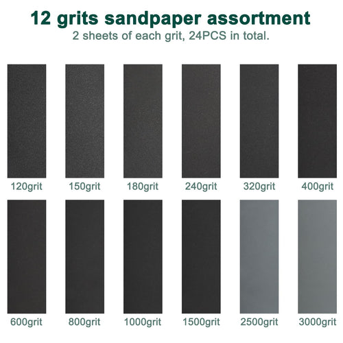 24PCS Sandpaper Assortment 12 Grits Wet Dry Sandpaper Sheets.Silicon Carbide Sanding Paper 120 to 3000 Grit Fine Sandpapers and Coarse Sand Paper for Metal. Wood Furniture and Automotive (9x3.6 Inch) - Amazon.com