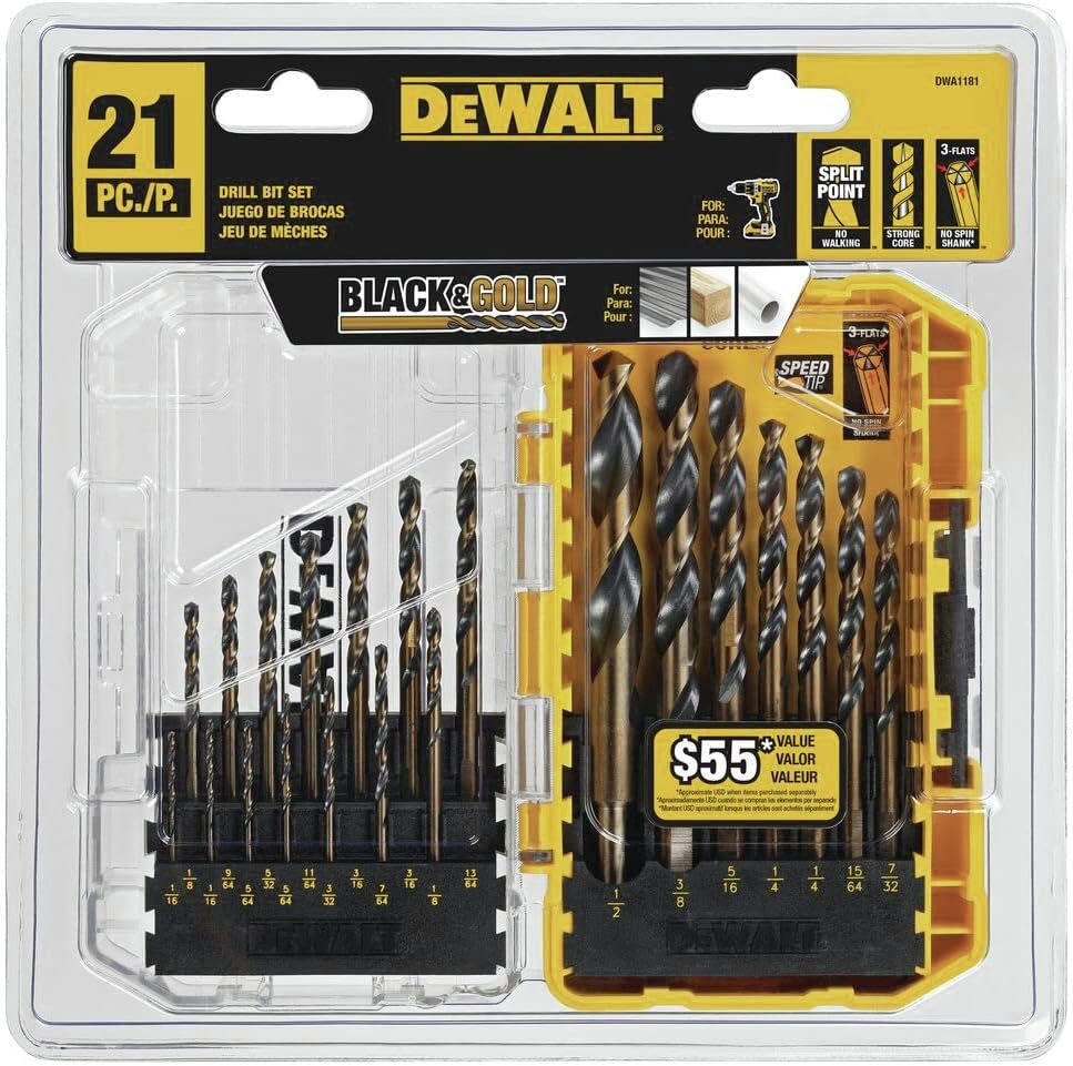 DEWALT Drill Bit Set. 21 Pc High Speed Steel DEWALT Bits. Black and Gold Oxide Coated. 135 Degree Split Point. 31 Degree Helix (DWA1181) - Amazon.com