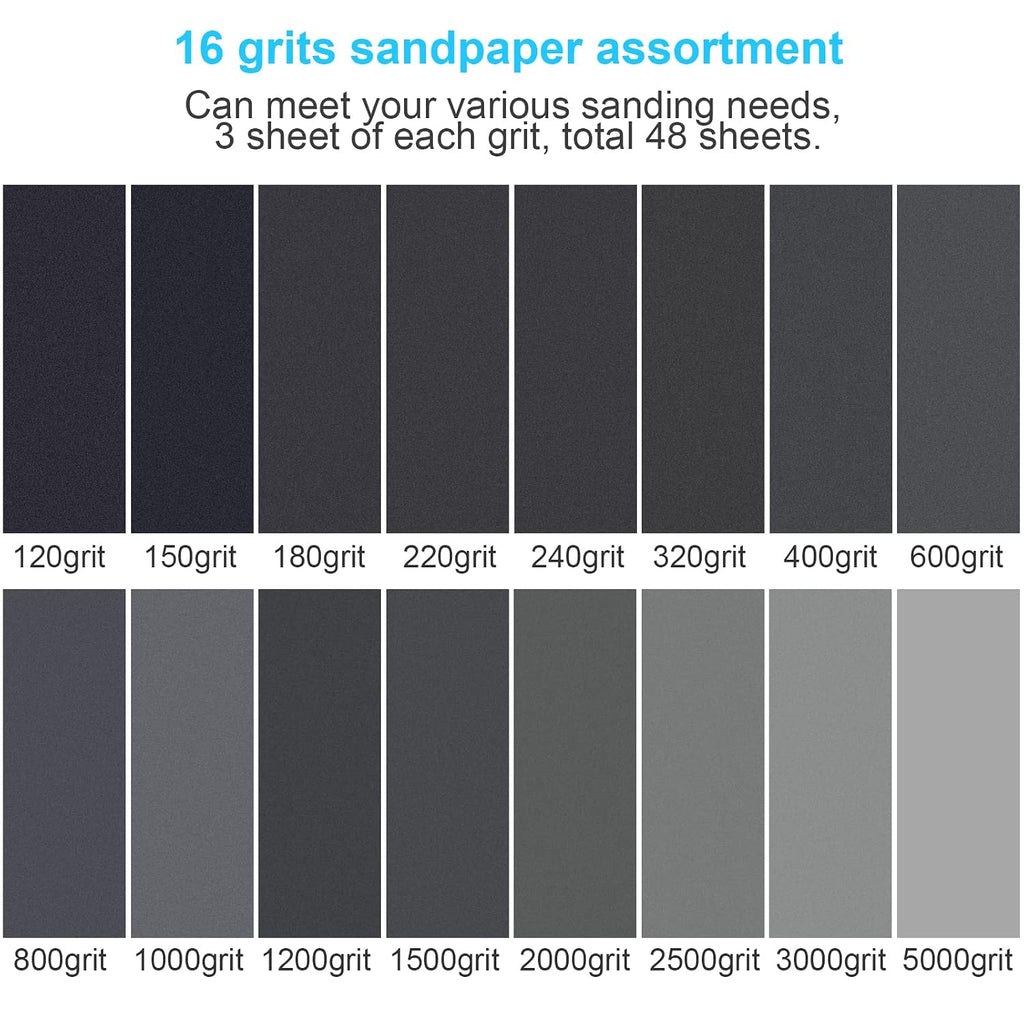 48 PCS Sandpaper 120-5000 Grit Wet Dry Sand Paper 9x3.6 for Wood Metal Car | Silicon carbide. electro coated. anti-clogging. tear-resistant backing. fits sanding blocks. flexible. fine grit polishing - Amazon.com
