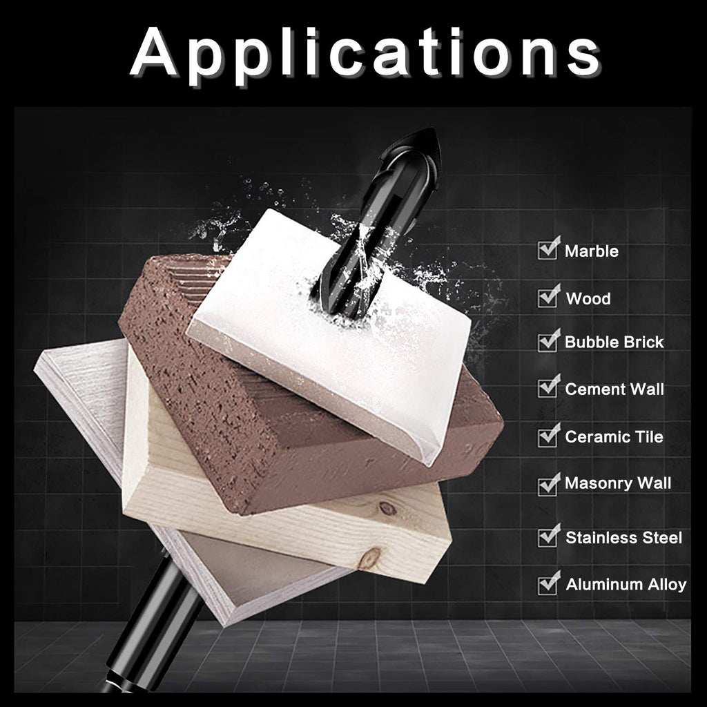 10-Piece Masonry Drill Bit Set for Concrete Tile Glass Ceramic Brick.1/8 to 1/2 Inch Drilling Bits with Triangle Handle.Tungsten Steel Alloy Tip.(Black)