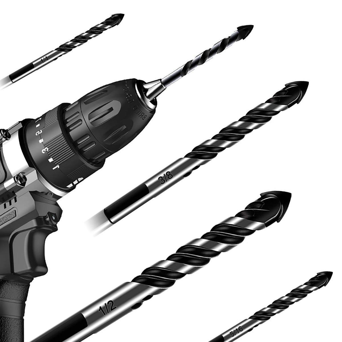 10-Piece Masonry Drill Bit Set for Concrete Tile Glass Ceramic Brick.1/8 to 1/2 Inch Drilling Bits with Triangle Handle.Tungsten Steel Alloy Tip.(Black)