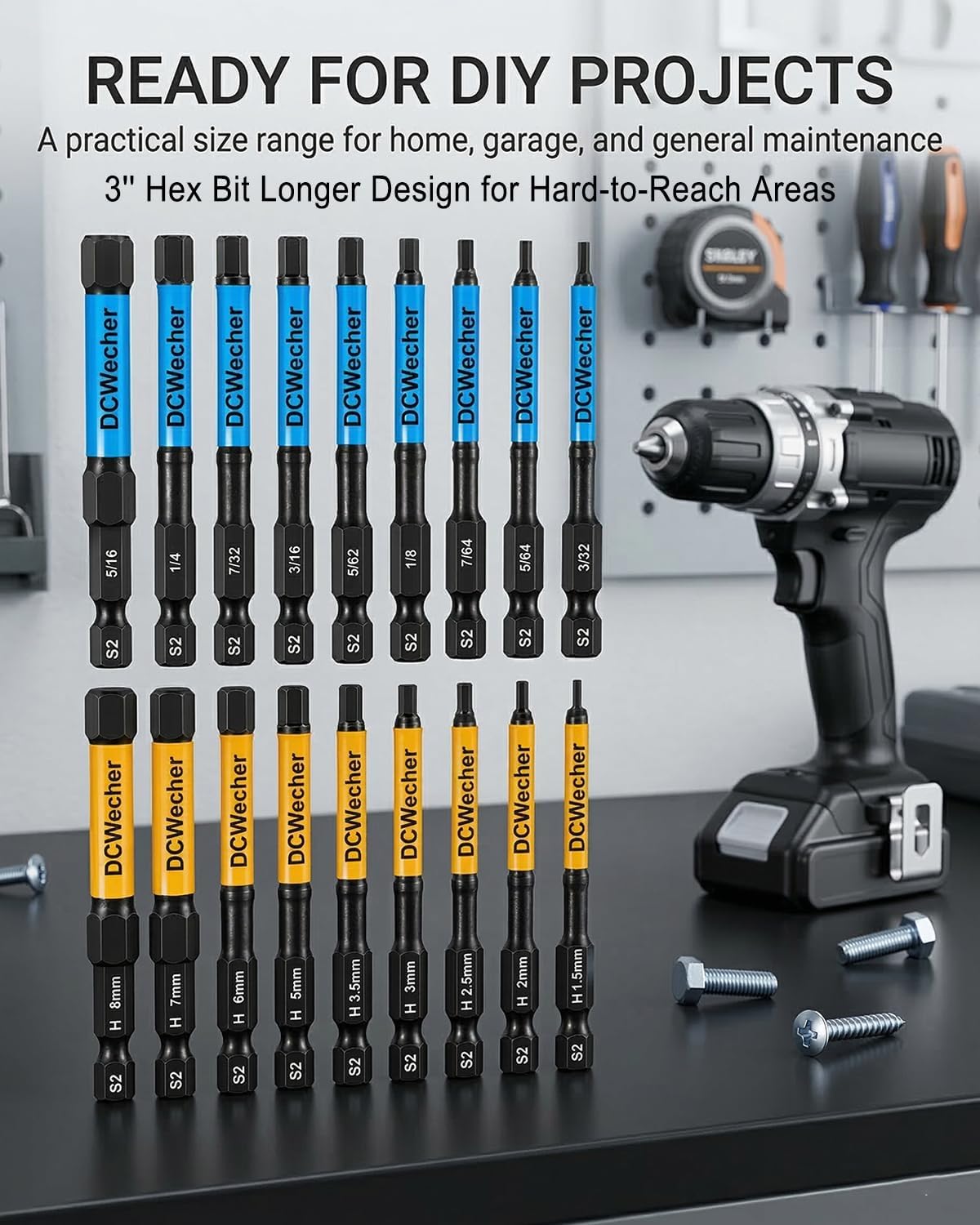 DCWecher 3-Inch Impact Hex Bit Set. 20PCS Long Allen Wrench Drill Bit Set | Magnetic Allen Key Drill Bit Set. S2 Steel. Metric & SAE Hex Bits. 1/4'' Hex Shank for Automotive Repair & Furniture Assembly - Amazon.com