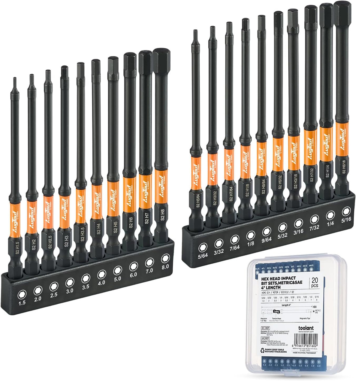 toolant Impact Allen Wrench Drill Bit Set. 20-Piece Metric & SAE. 2-Inch | S2 steel magnetic bits with 1/4-inch hex shanks; includes 4 mini L-shaped hex keys and labeled holders in a storage case - Amazon.com