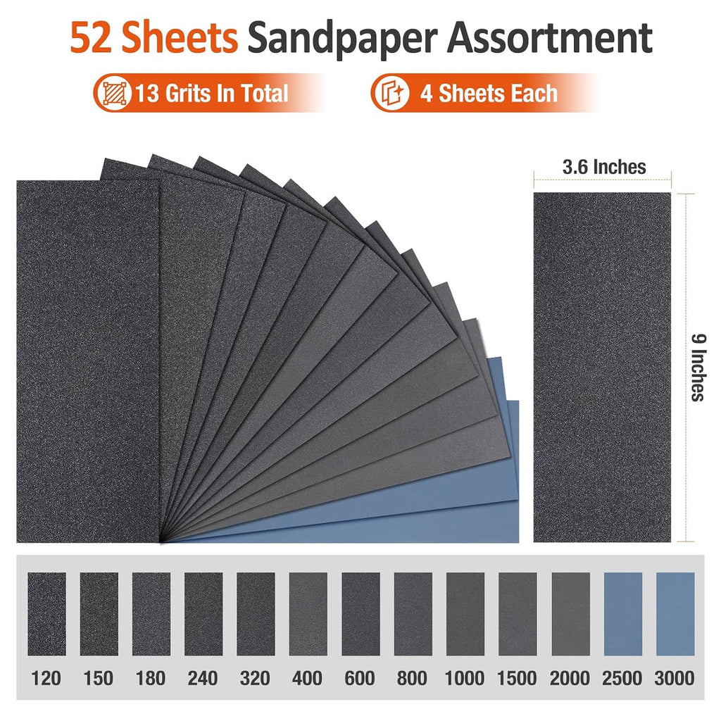 Hyietta Sand Paper Assortment. 52 Sheets Assorted Grits 120/150/180/240/320/400/600/800/1000/1500/2000/2500/3000. 4 Sheets Each. 9 x 3.6 Inches. Dry & Wet Sanding. Abrasive Sanding Sheets - Amazon.com