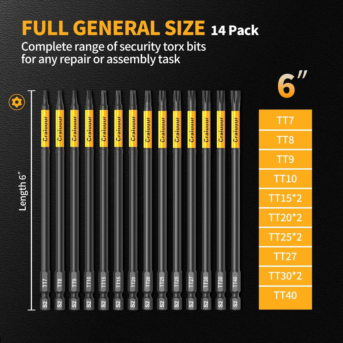 14PCS lmpact Long Torx Bit Set. 6-Inch T7-T40 Tamper Proof Star Bits Set | Magnetic S2 Steel Security Torx bits with 1/4-inch quick-release shanks for automotive. DIY. electronics. and woodworking - Amazon.com