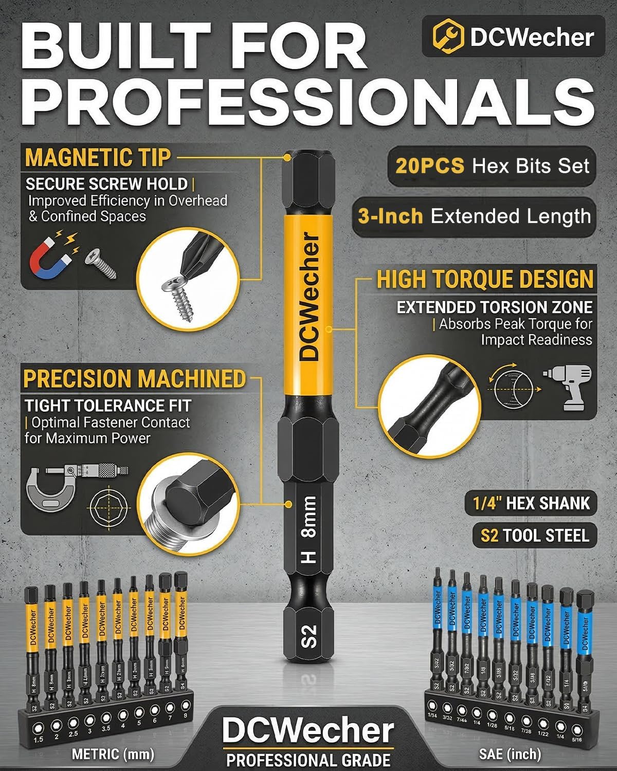 DCWecher 3-Inch Impact Hex Bit Set. 20PCS Long Allen Wrench Drill Bit Set | Magnetic Allen Key Drill Bit Set. S2 Steel. Metric & SAE Hex Bits. 1/4'' Hex Shank for Automotive Repair & Furniture Assembly - Amazon.com