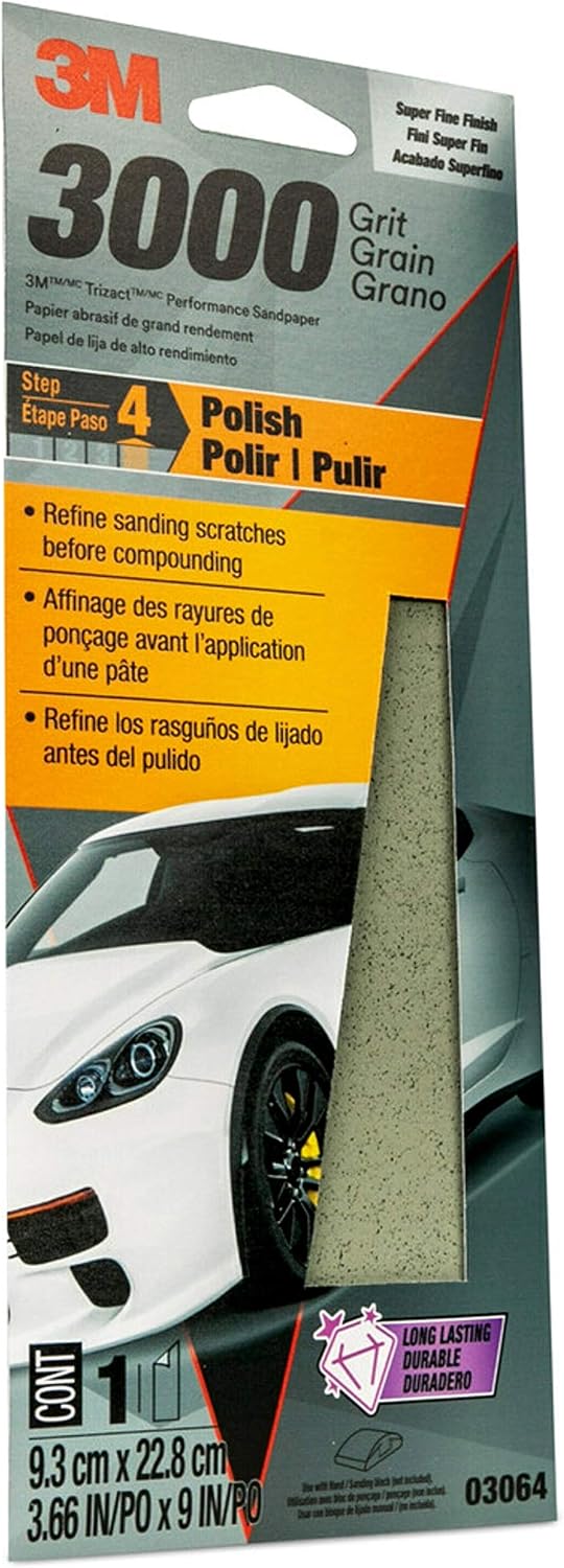 3M Performance 3000 Grit Sandpaper. 3-2/3 in x 9 in. Polish Clear Coat and Paint. Restore Shine. Ideal for Detailed Finishing and Polishing. Very Fine Grade Abrasive for Refined Finishes (03064)