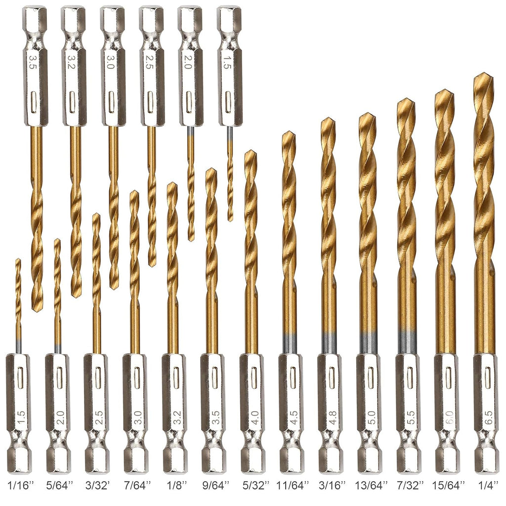 19 Pcs HSS Titanium Twist Drill Bit Set - 1/16-1/4 Hex Shank Quick Change | 135 Degrees Split Point. Fully Ground Edges. Anti Runout. Fits Impact Drivers. Drills Metal Steel Wood. Plastics. Small Bits - Amazon.com