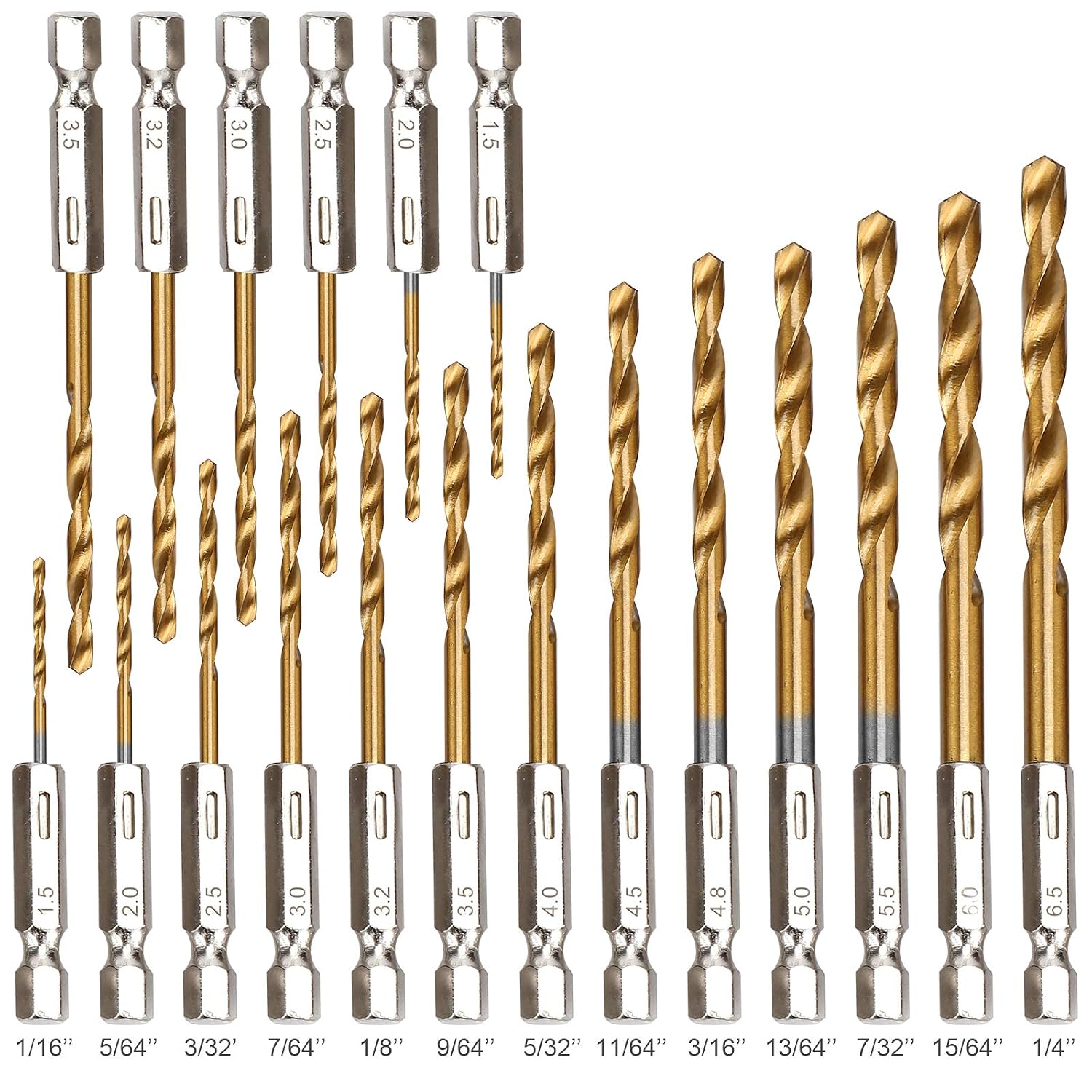 19 Pcs HSS Titanium Twist Drill Bit Set - 1/16-1/4 Hex Shank Quick Change | 135 Degrees Split Point. Fully Ground Edges. Anti Runout. Fits Impact Drivers. Drills Metal Steel Wood. Plastics. Small Bits - Amazon.com