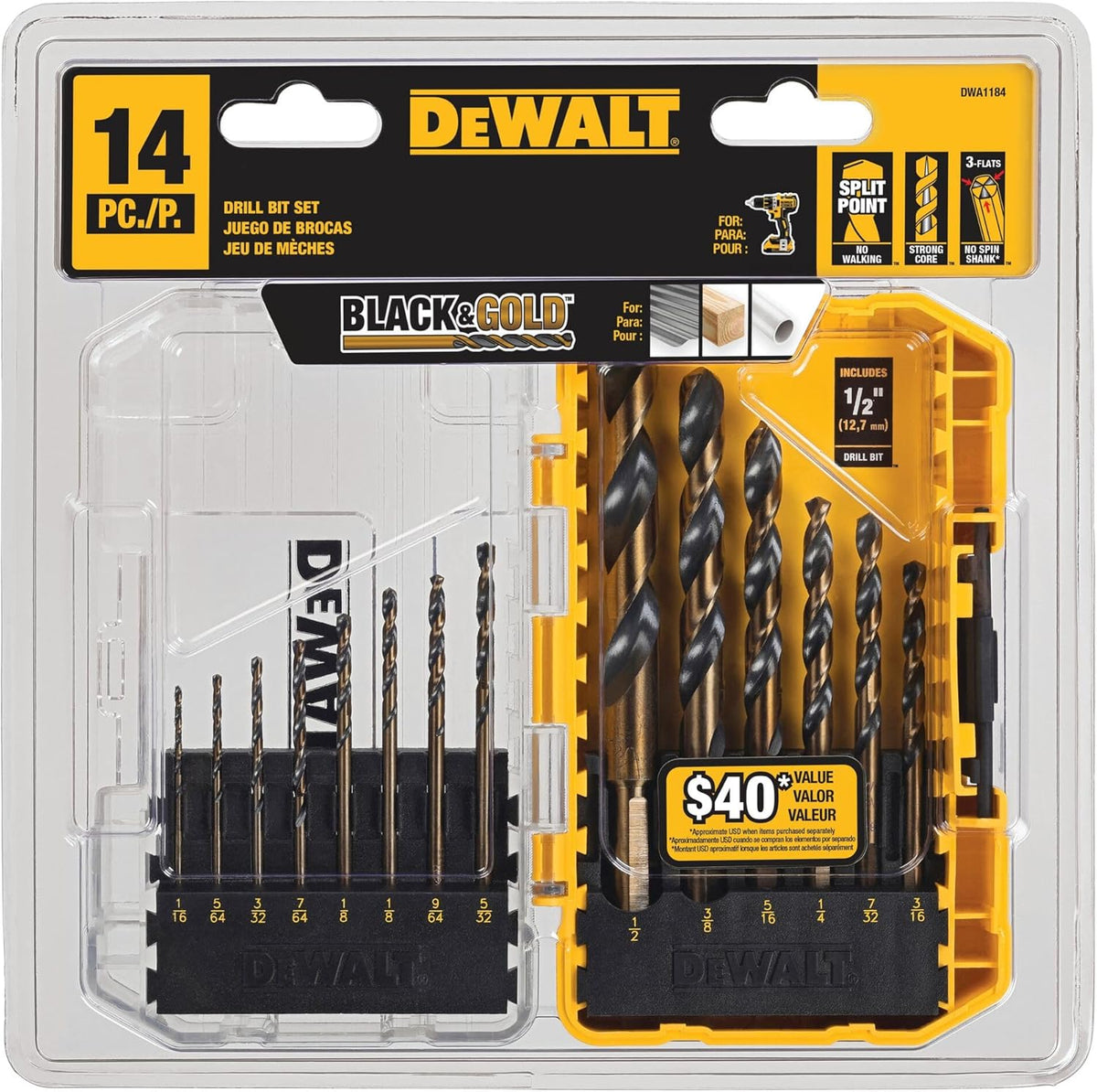 DEWALT Drill Bit Set. 3-Flats Shank.14-Piece. 135 Degree Split Point. for Plastic. Wood and Metal (DWA1184) - Amazon.com