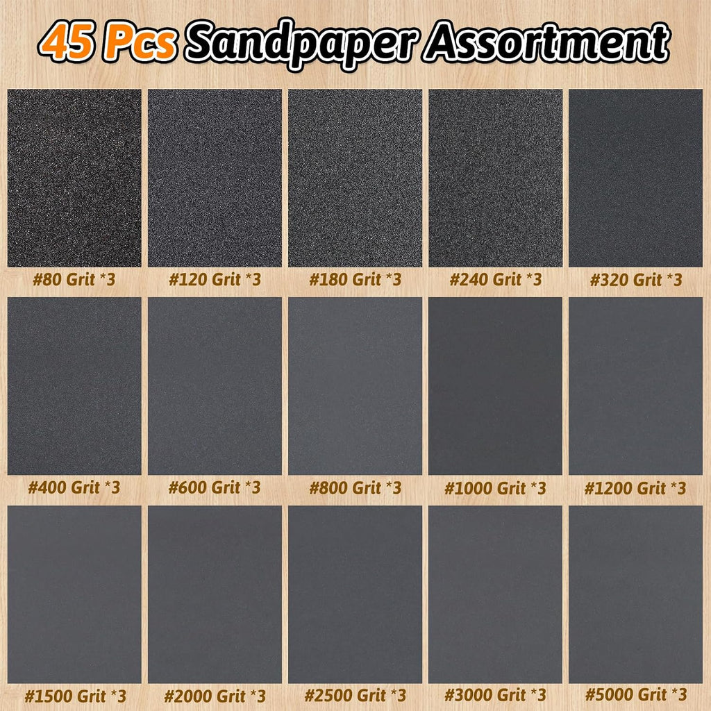 45 PCS Wet Dry Sandpaper 80-5000 Grit Sheets for Polishing & Finishing | 9 x 3.6 Inch Sand Paper Assortment Pack. Silicon Carbide Abrasive. Grit Marked Sheets. Wood. Metal & Automotive Polishing - Amazon.com