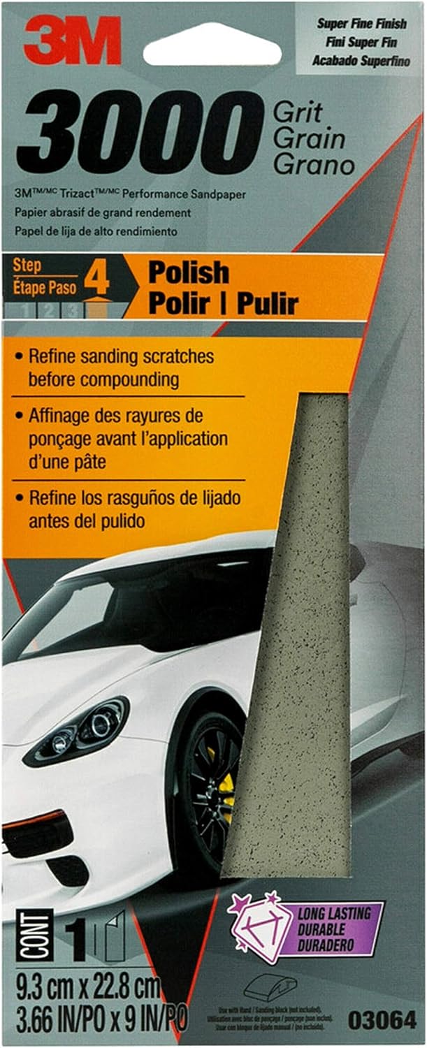 3M Performance 3000 Grit Sandpaper. 3-2/3 in x 9 in. Polish Clear Coat and Paint. Restore Shine. Ideal for Detailed Finishing and Polishing. Very Fine Grade Abrasive for Refined Finishes (03064)