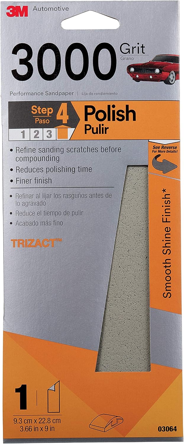 3M Performance 3000 Grit Sandpaper. 3-2/3 in x 9 in. Polish Clear Coat and Paint. Restore Shine. Ideal for Detailed Finishing and Polishing. Very Fine Grade Abrasive for Refined Finishes (03064)