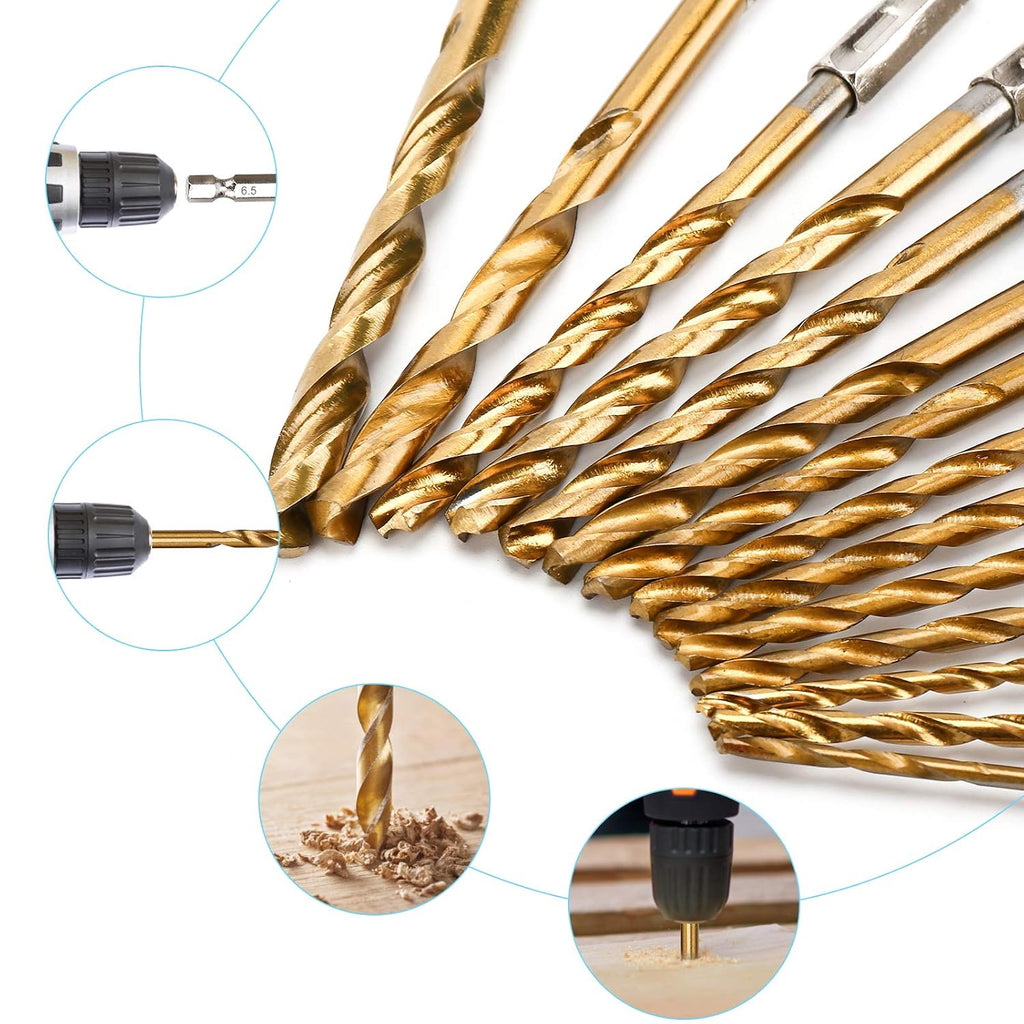 19 Pcs HSS Titanium Twist Drill Bit Set - 1/16-1/4 Hex Shank Quick Change | 135 Degrees Split Point. Fully Ground Edges. Anti Runout. Fits Impact Drivers. Drills Metal Steel Wood. Plastics. Small Bits - Amazon.com