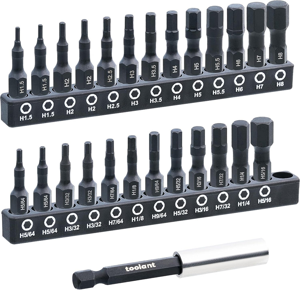 toolant Impact Allen Wrench Drill Bit Set. 20-Piece Metric & SAE. 2-Inch | S2 steel magnetic bits with 1/4-inch hex shanks; includes 4 mini L-shaped hex keys and labeled holders in a storage case - Amazon.com