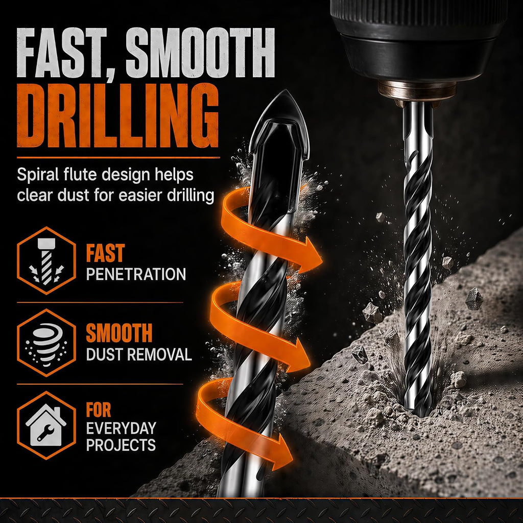 10-Piece Masonry Drill Bit Set & Concrete Drill Bit Set. 7 Sizes. 1/8-1/2 | Carbide Drill Bits for Tile. Ceramic. Glass. Cement & Brick. Bath & Kitchen. Dual U-Groove. 3-Flat Shank. Standard Drill Fit