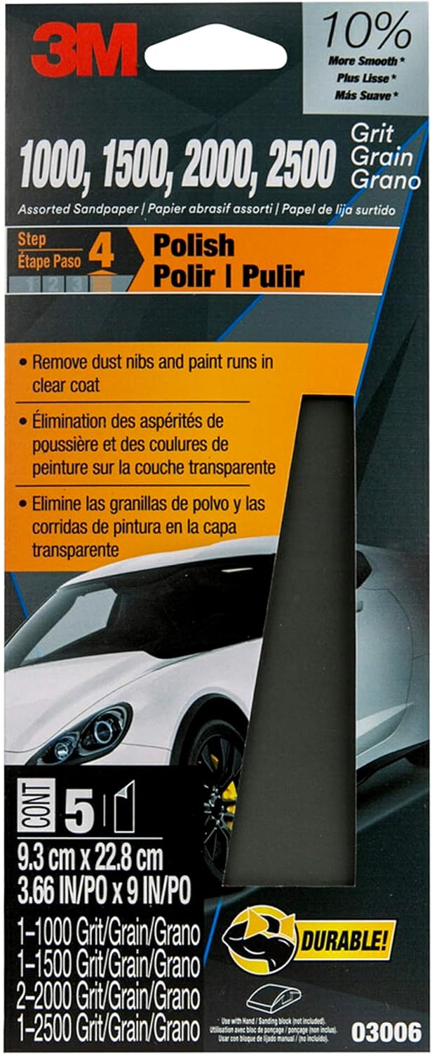 3M Wetordry Sandpaper. 03006. Assorted Grits (1000. 1500. 2000. 2500). 3 2/3 in x 9 in. 5 sheets total per pack
