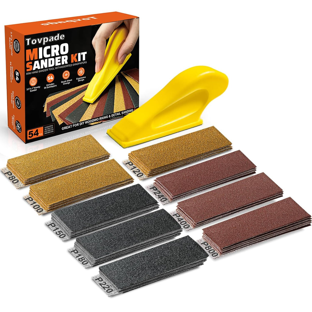 TOVPADE 54PCS Premium Micro Sander. Detail & Mini Sander Block – Precision Small Hand Sanding Tool. 80–800 Grit Sandpaper Kit. 3-in-1 Set for Wood. Crafts. Furniture. Tight Spaces & DIY Projects - Amazon.com