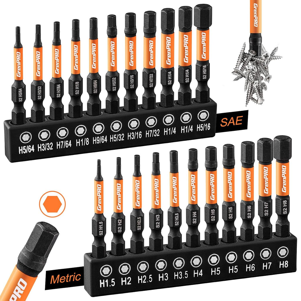 GRENPRO Impact Allen Wrench Drill Bit Set. Metric & SAE. 22-Piece Hex Bits | 2-Inch Magnetic Allen Key Bits with 1/4-Inch Hex Shanks Fit Impact Drivers and Screwdrivers for Automotive and Home Repair - Amazon.com