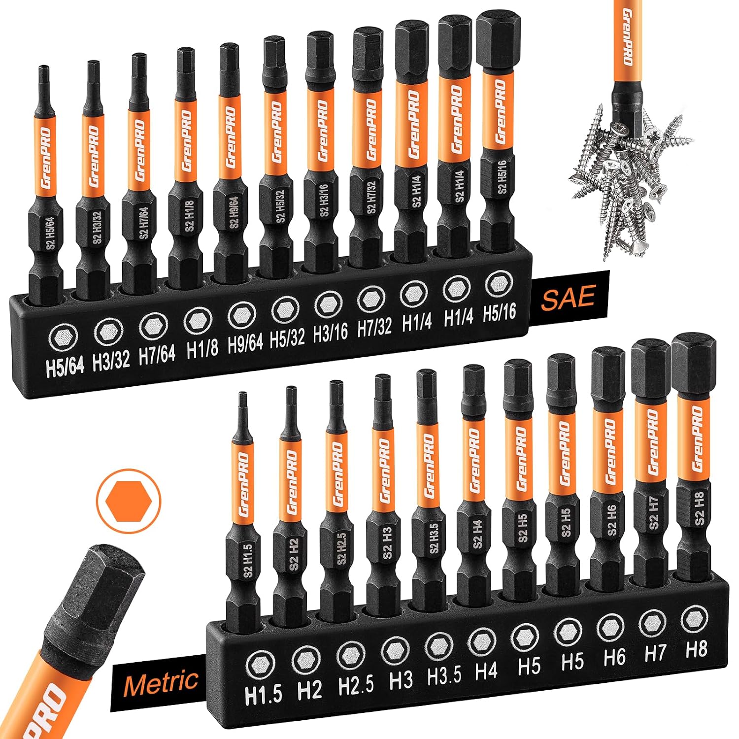 GRENPRO Impact Allen Wrench Drill Bit Set. Metric & SAE. 22-Piece Hex Bits | 2-Inch Magnetic Allen Key Bits with 1/4-Inch Hex Shanks Fit Impact Drivers and Screwdrivers for Automotive and Home Repair - Amazon.com