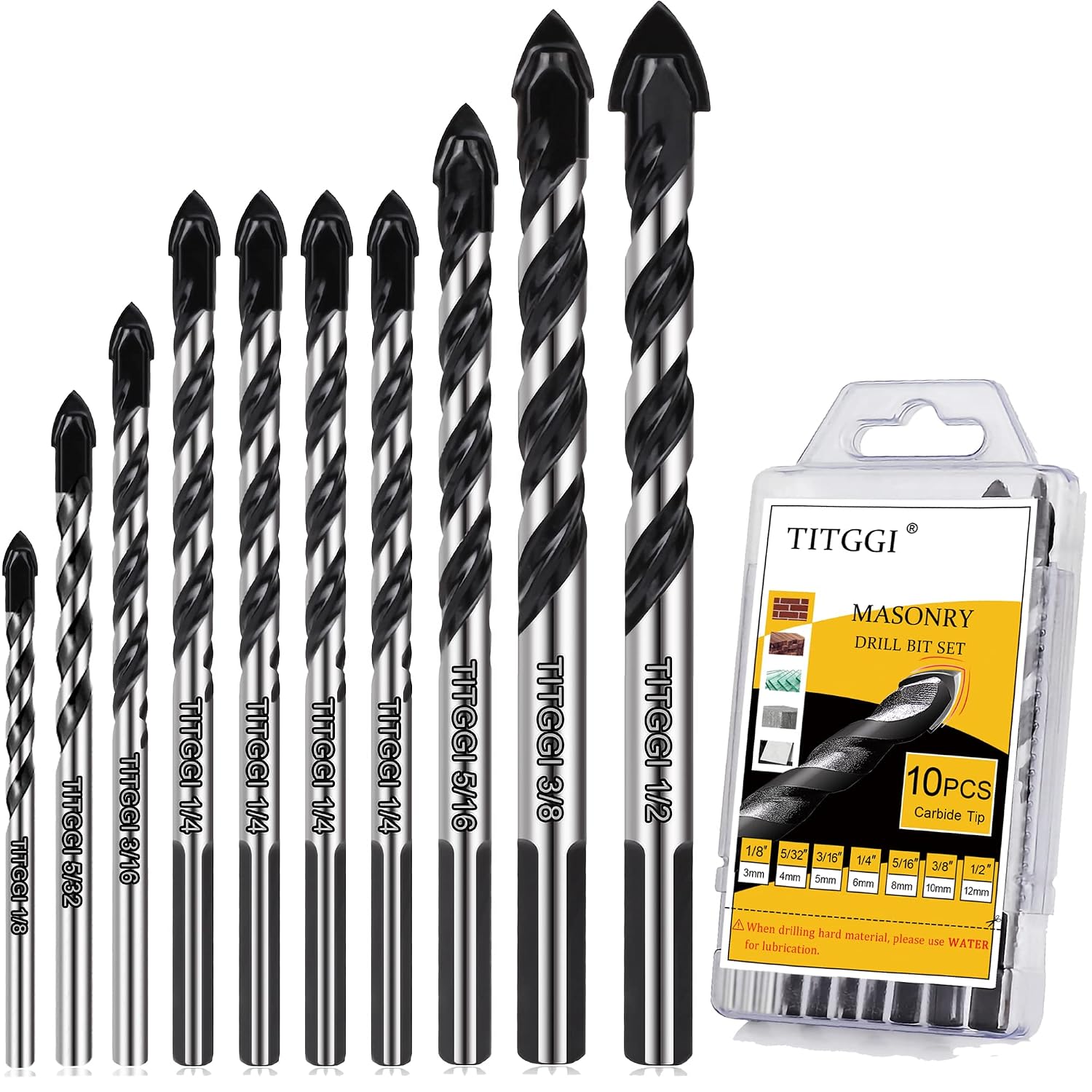 10-Piece Masonry Drill Bit Set & Concrete Drill Bit Set. 7 Sizes. 1/8-1/2 | Carbide Drill Bits for Tile. Ceramic. Glass. Cement & Brick. Bath & Kitchen. Dual U-Groove. 3-Flat Shank. Standard Drill Fit