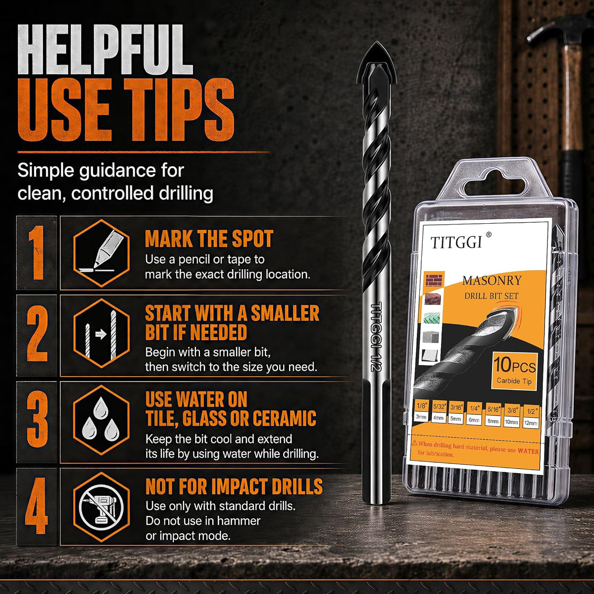 10-Piece Masonry Drill Bit Set & Concrete Drill Bit Set. 7 Sizes. 1/8-1/2 | Carbide Drill Bits for Tile. Ceramic. Glass. Cement & Brick. Bath & Kitchen. Dual U-Groove. 3-Flat Shank. Standard Drill Fit