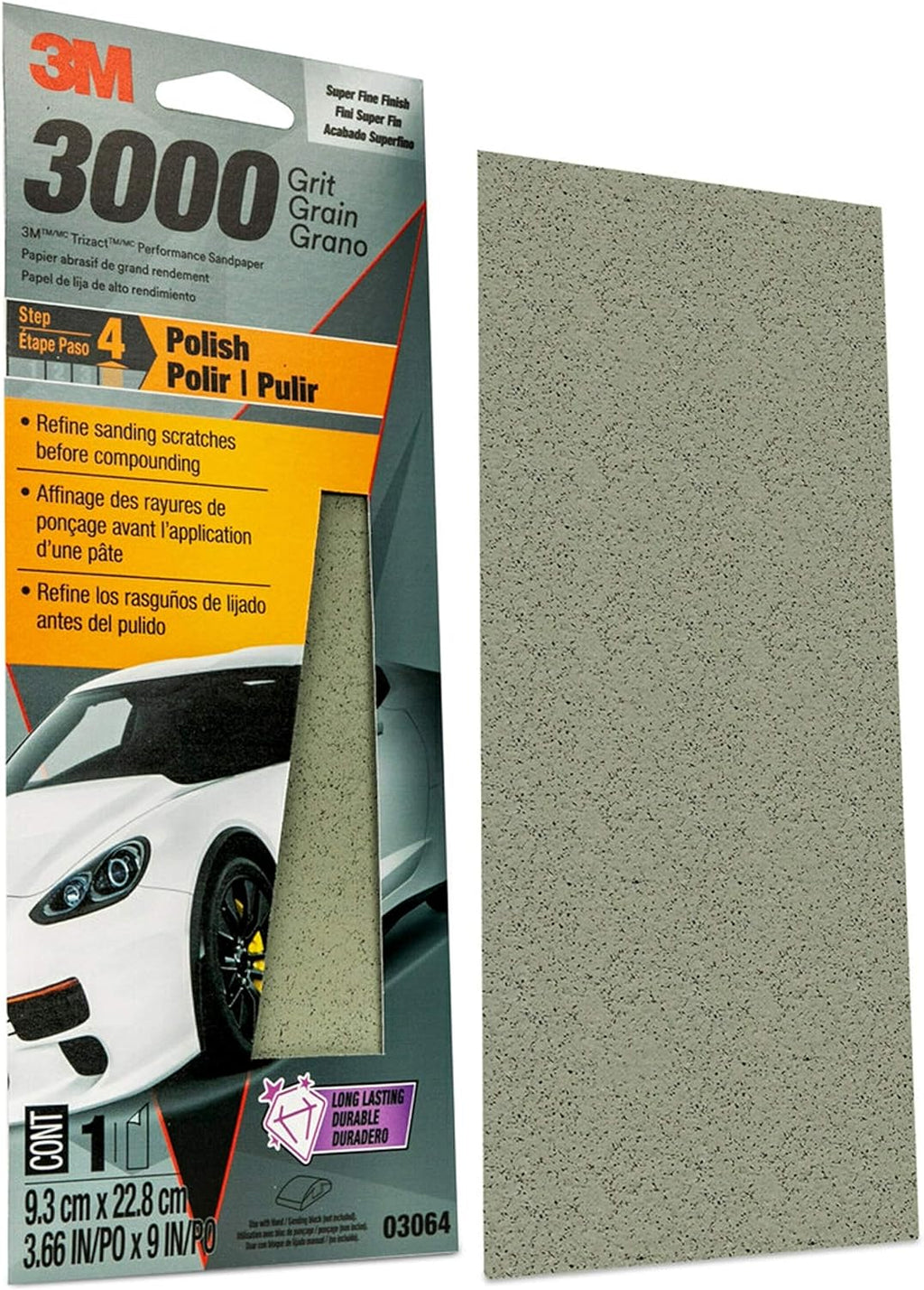 3M Performance 3000 Grit Sandpaper. 3-2/3 in x 9 in. Polish Clear Coat and Paint. Restore Shine. Ideal for Detailed Finishing and Polishing. Very Fine Grade Abrasive for Refined Finishes (03064)