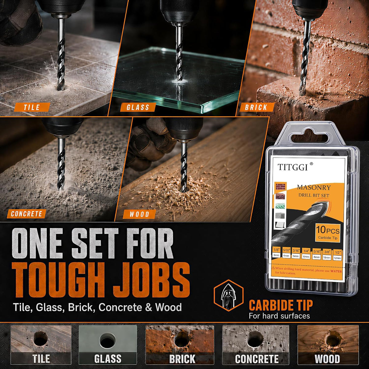 10-Piece Masonry Drill Bit Set & Concrete Drill Bit Set. 7 Sizes. 1/8-1/2 | Carbide Drill Bits for Tile. Ceramic. Glass. Cement & Brick. Bath & Kitchen. Dual U-Groove. 3-Flat Shank. Standard Drill Fit